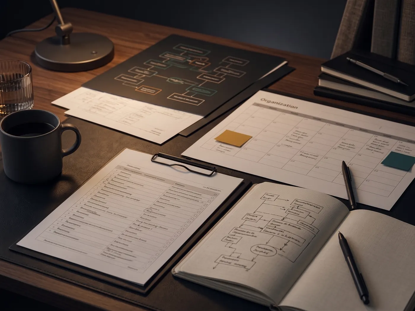 A desk mid-work: a printed process diagram, a job checklist on a clipboard, a monthly schedule, and an open notebook with a workflow sketched out by hand.